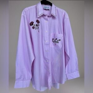 H&J Long Sleeve Button Up Blouse Pink/White Gingham Rhinestones Floral Large